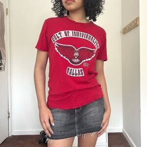 Red distressed cult of individuality graphic t-shirt